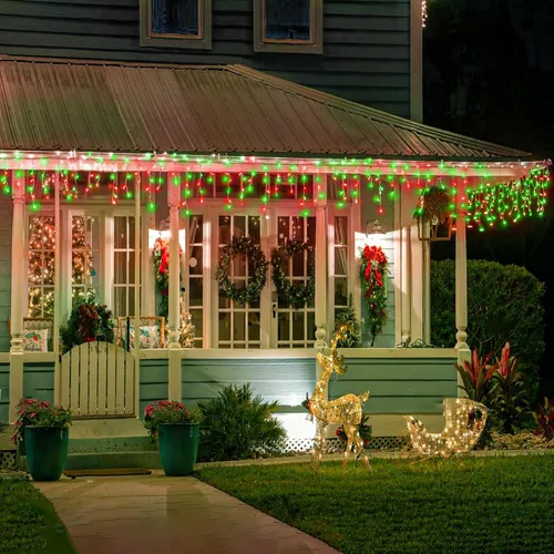 Vista 7 de Luces de carámbano de 33 pies para exteriores, luces de Navidad rojas y verdes para exteriores e interiores, 400 luces LED con 75 caídas