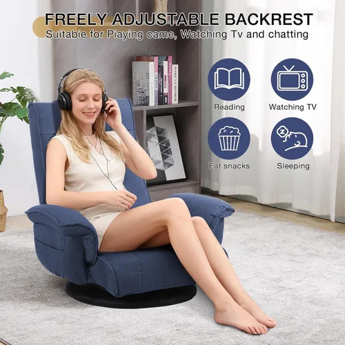 Vista 3 de Linen Fabric Ergonomic Gaming Chair, 6-Position Reclining Sofa Bed with Lumbar Support, Foldable Floor Lounger with Thick Cushion, Armrests & Side