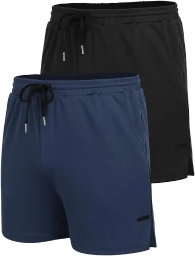 Vista 4 de COOFANDY Paquete de 2 pantalones cortos de entrenamiento de gimnasio para hombre, pantalones de malla ligeros para culturismo, entrenamiento