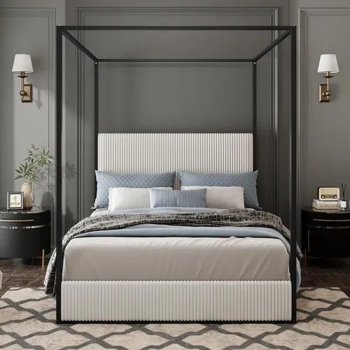 Vista 17 de Cama de Plataforma con Dosel de 4 Postes de Lujo Moderna Tamaño Queen con Cabecera Alta Tapizada en Terciopelo, Marco de Cama de Plataforma
