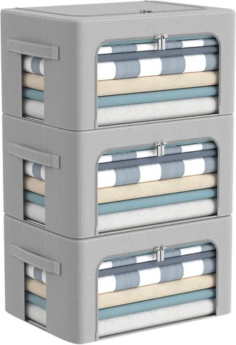 Vista 23 de Paquete de 3 cajas de almacenamiento con marco, bolsas de almacenamiento de ropa, tela Oxford, plegable, apilable, juego organizador con ventana