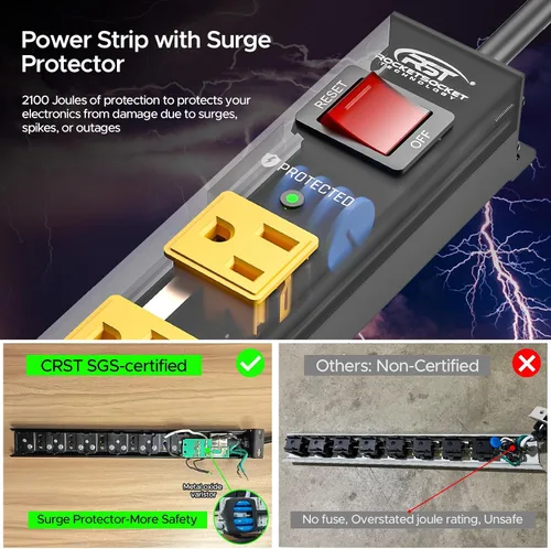Vista 3 de CRST Paquete de 2 Protectores contra Sobretensiones de 6 Tomas 2100J con Interruptor, Regleta de Alimentación Resistente Montable de 15A/1875W