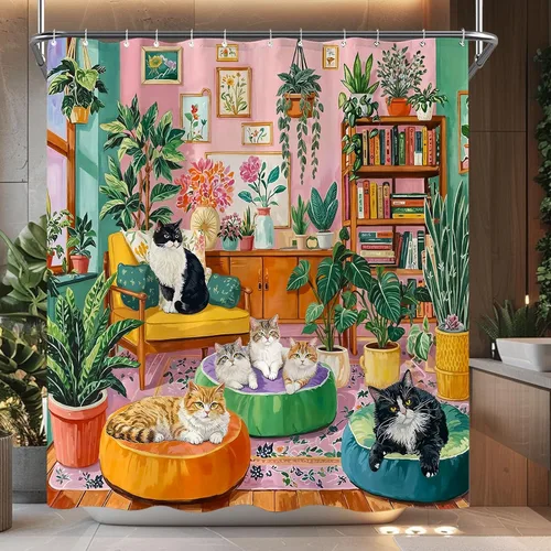 Vista 9 de Divertida cortina de ducha con diseño de gatos negros, estilo bohemio, bonita, divertida, para baño, gatito, verde, hojas tropicales, beige, marrón