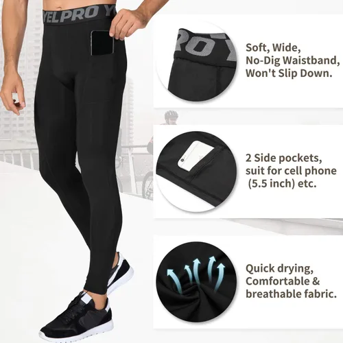 Vista 3 de Queerier 3 Pack Men's Compression Pants Athletic Leggings with Pockets Running Baselayer Tights Cycling Workout Pants