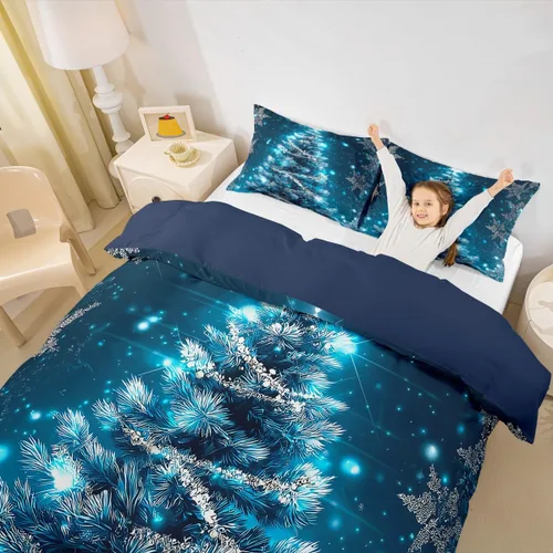Vista 2 de Juego de ropa de cama de Feliz Navidad, funda de edredón azul con árbol de Navidad para niñas y niños, elegante funda de edredón de copo de nieve