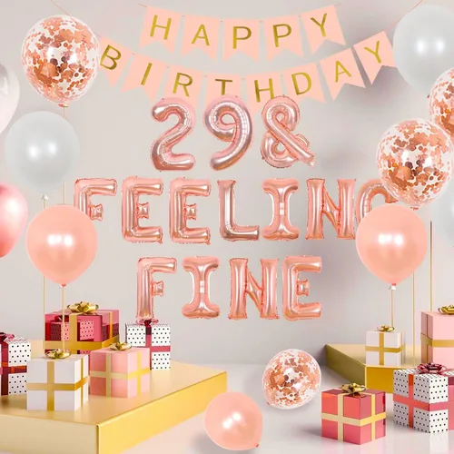 Vista 4 de Cheereveal Decoraciones de cumpleaños número 29 – Oro rosa, globos "Feeling Fine" y decoración para pastel