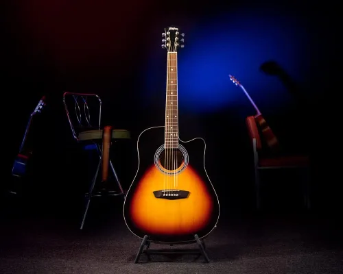 Vista 10 de Washburn Vintage Series - Guitarra acústica-eléctrica de 6 cuerdas, derecha Resplandor solar del tabaco