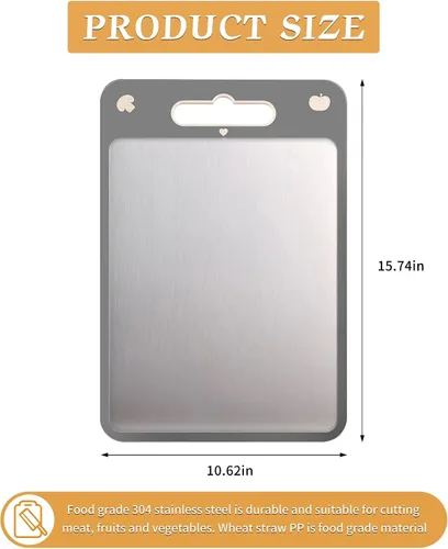 Vista 12 de Tabla de cortar de doble cara, tabla de cortar de acero inoxidable para cocina, grado alimenticio, acero inoxidable y paja de trigo PP, tabla