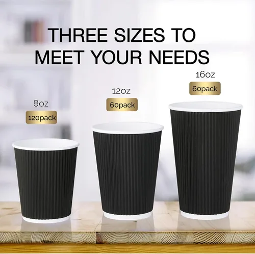 Vista 4 de JollyPack Paquete de 60 tazas de café de papel de 12 onzas, tazas desechables negras con pared ondulada aislada para café, té y chocolate caliente