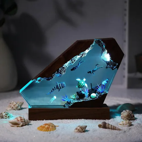 Vista 10 de Lámpara de Luz de Madera con Resina Epoxi Creativa del Océano, Lámpara de Océano Acuático Multicolor Hecha a Mano para Entusiastas del Buceo