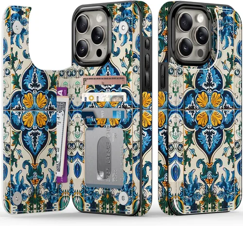 Vista 82 de FUNMIKO Funda tipo cartera para iPhone 15 con tarjetero + clip para efectivo, bloqueo RFID, protección contra caídas de grado militar y obras