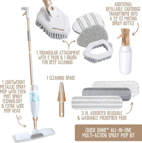 Vista 2 de Quick Shine Ultimate Gold Spray Mop Kit Kit todo en uno de 10 piezas con accesorios intercambiables No necesita baterías Sistema de limpieza
