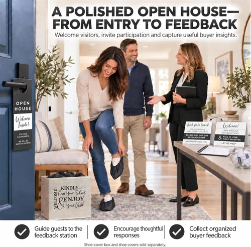 Vista 7 de Suministros para casa abierta. Libro de registro de visitantes con letrero inmobiliario para recopilar leads de agentes inmobiliarios y comentarios