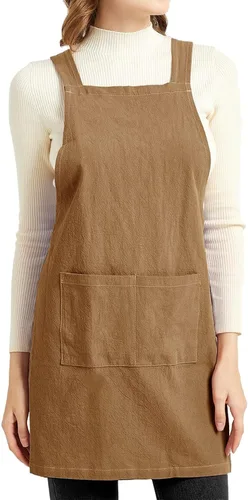 Vista 14 de ELEZAY Delantales para mujer con bolsillos, talla grande, cómodo, espalda cruzada, sin lazo, delantal de lino y algodón Verde
