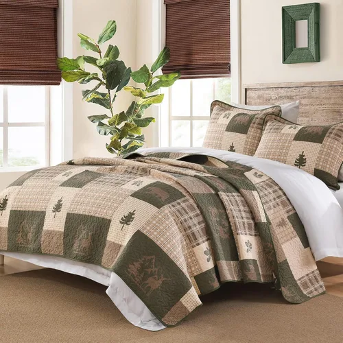 Vista 2 de SahSahCasa Juego de edredón de 100 % algodón, tamaño Queen, reversible, rústico, cabaña, edredón ligero para cama Queen, 3 piezas, beige/verde