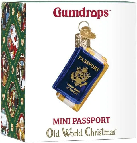 Vista 6 de Old World Christmas Mini adorno de vidrio soplado para pasaporte para árbol de Navidad, decoración navideña hecha a mano, colección de viajes