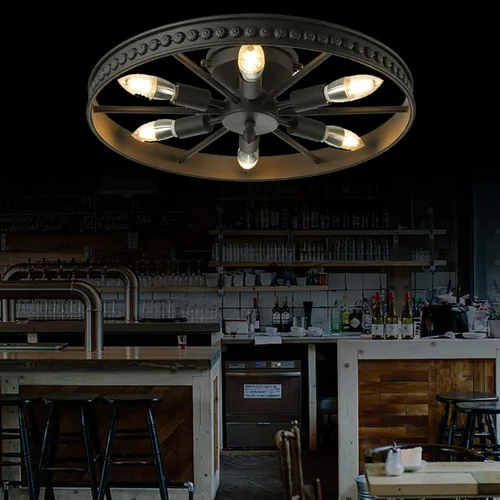 Vista 5 de Lámpara de techo con rueda de carro, 6 luces rústicas de estilo rústico semiempotrado, lámpara de techo industrial para cocina, isla, comedor