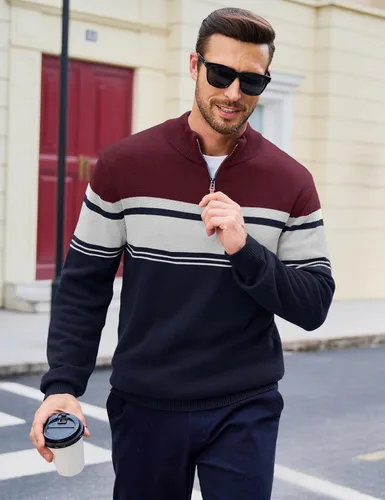 Vista 32 de MAGCOMSEN Suéteres de algodón con cremallera de 1/4 para hombre, suéter tipo polo, a rayas, para otoño e invierno, sudaderas cálidas