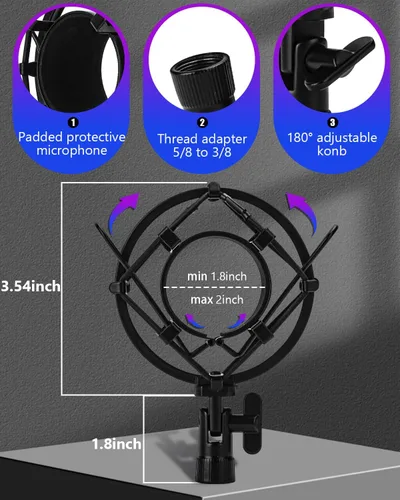 Vista 3 de Soporte universal de montaje de choque para micrófono, clip de micrófono para diámetro de 1,85 – 2,08 pulgadas, montaje de choque antivibración