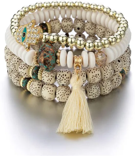 Vista 3 de Caiyao Juego de pulseras apilables de múltiples capas con cuentas de mal de ojo bohemio, multicolor, boho, con dije de semillas de Hamsa Fátima a