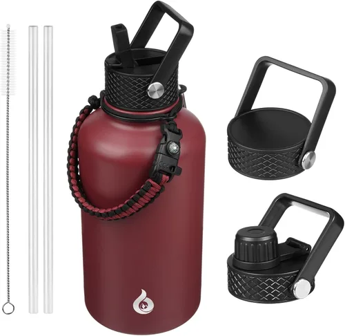 Vista 14 de BJPKPK Botellas de Agua Aisladas con Tapa de Pajita, Botella de Agua de Acero Inoxidable de 18oz, Termo Frío Caliente con 3 Tapas, Vaso de Viaje a