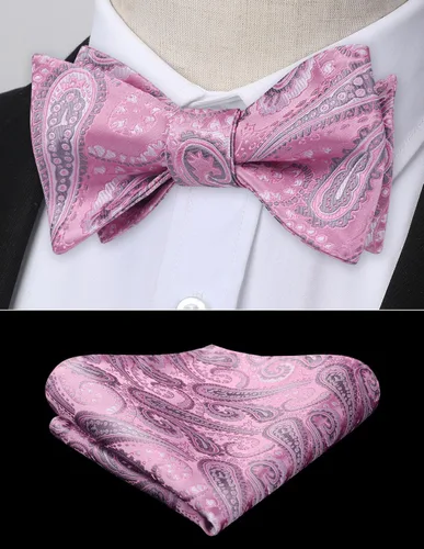 Vista 155 de HISDERN Pajaritas para hombre, corbatín de cachemira para hombre, corbata de lazo y bolsillo cuadrado, juego formal de esmoquin para boda