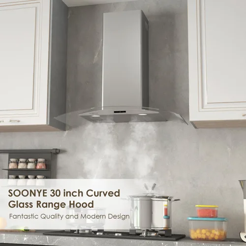 Vista 11 de Campana extractora de pared curva de vidrio de 30 pulgadas con 450 CFM de acero inoxidable, convertible sin conductos/con conductos con extractor