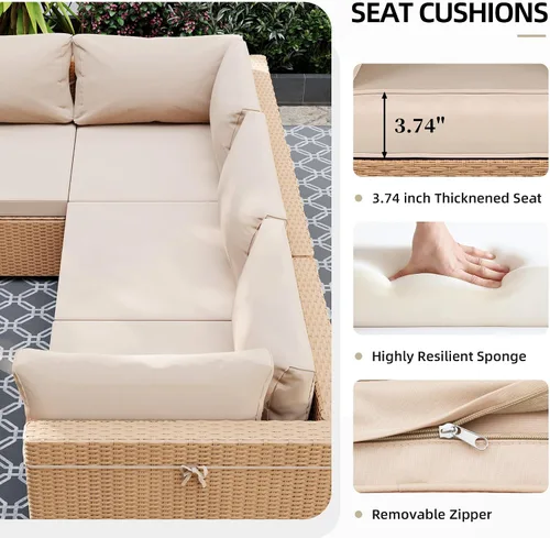 Vista 5 de UPHA Juego de muebles de mimbre para patio de 7 piezas con mesa auxiliar Cojín de ratán beige y beige