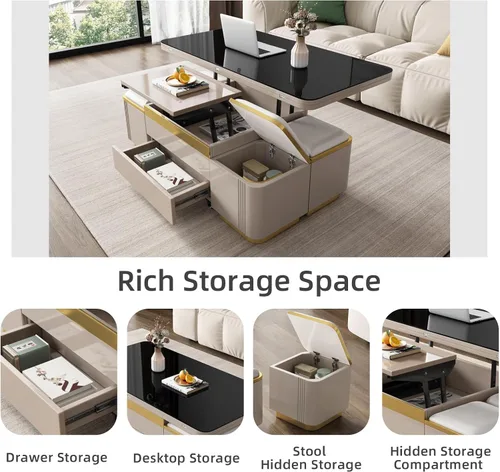 Vista 8 de Guyii Mesa de centro elevable con taburetes de almacenamiento, mesa central 3 en 1, altura ajustable, mesa plegable para sala de estar, ahorro
