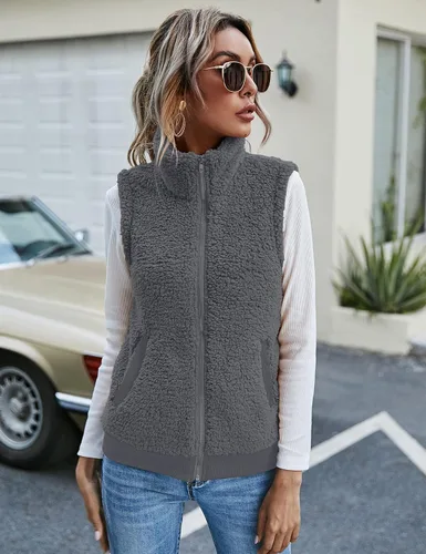 Vista 3 de LOMON Chaleco de forro polar mullido para mujer, casual, cálido, sin mangas, con cremallera, con bolsillos, para otoñoinvierno