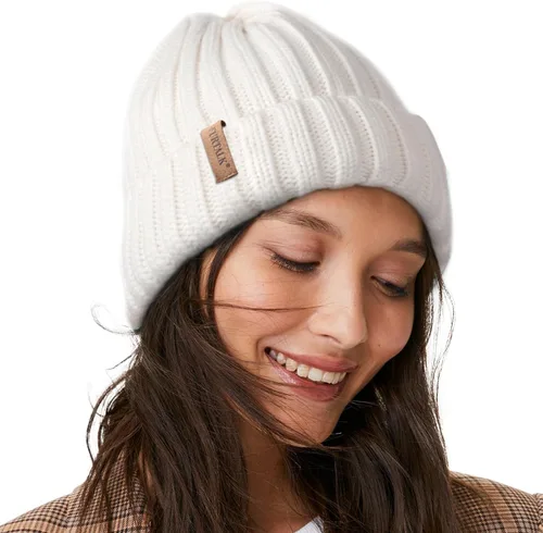 Vista 23 de FURTALK - Gorros de invierno con forro polar para mujer, gorro de punto grueso con calavera, gorro de nieve para mujer Beige