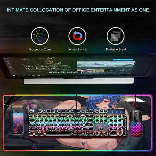Vista 6 de Anime Girl - Alfombrilla de mouse sexy para computadora de juegos RGB grande gamer XXL, alfombra grande LED de PC con pechos retroiluminados, pecho