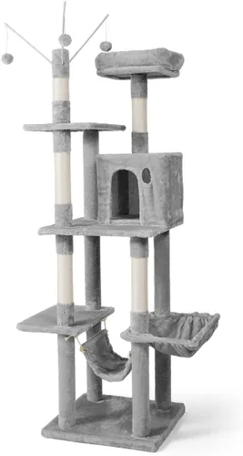 Vista 13 de BOWHAUS Árbol alto para gatos grandes o gatitos de interior, árbol de actividades para gatos de varios niveles con postes rascadores, hamaca