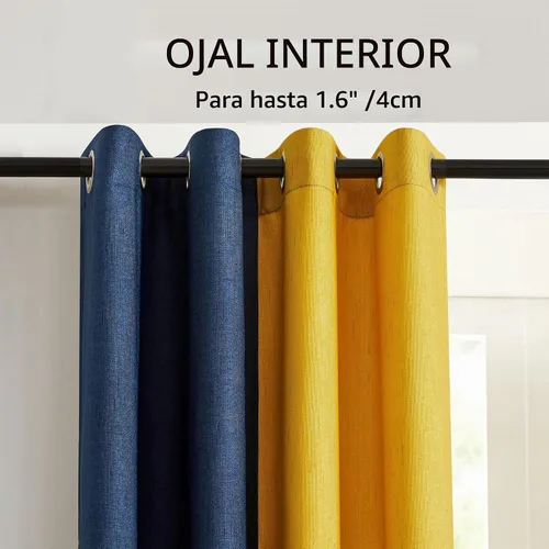 Vista 2 de PRIMROSE Cortinas de lino azul marino amarillo de 63 pulgadas de largo para sala de estar, juego de 2 paneles opacos con aislamiento térmico