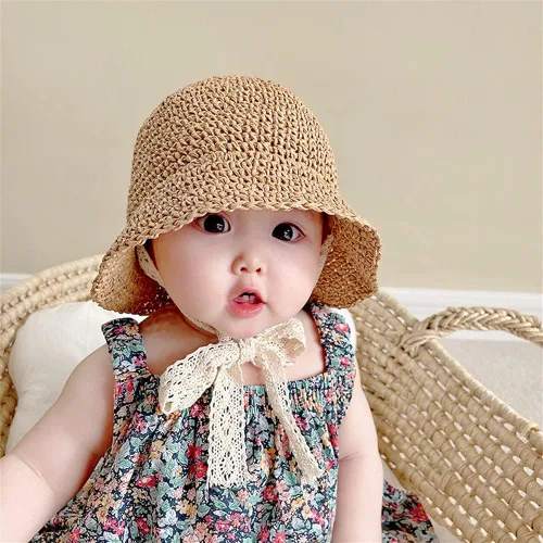 Vista 4 de Sombreros de paja para niñas pequeñas y plegables de ala ancha para verano, sombrero de paja para fotografía de bebé, sombreros de paja