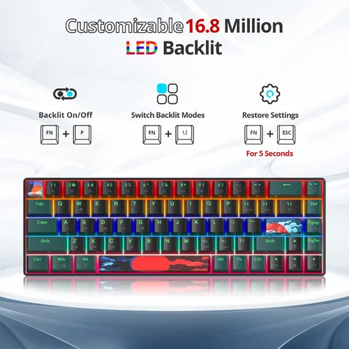 Vista 3 de Teclado mecánico 60% para juegos con interruptor rojo lineal, 65% con cable, ultra compacto, mini teclado arcoíris con teclas PBT para Ps4Ps5Xbox