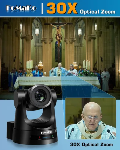 Vista 4 de Cámara FoMaKo NDI PTZ, 30X Zoom Óptico, Seguimiento Automático AI Gen 3, Cámara HDMI PTZ para Servicios de Adoración en Vivo, Educación y Eventos