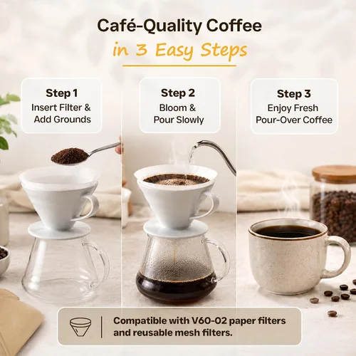 Vista 11 de Gotero de Café Pour Over - Accesorios de Cerámica de Preparación Lenta para Hogar, Cafetería, Restaurantes - Regalo Fácil de Preparación Manual