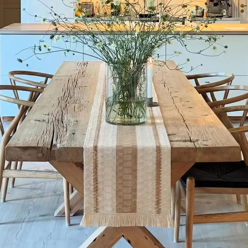 Vista 13 de Decoración de Granja Camino de Mesa Bohemio con Macramé, Elegante Camino de Mesa de Café Beige Marrón 48 Pulgadas de Largo, Decoración Rústica