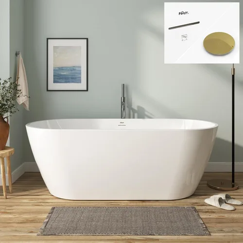 Vista 35 de FerdY Bañera independiente de acrílico Bali de 47 pulgadas, bañera independiente con forma elegante, certificado cUPC, drenaje dorado cepillado