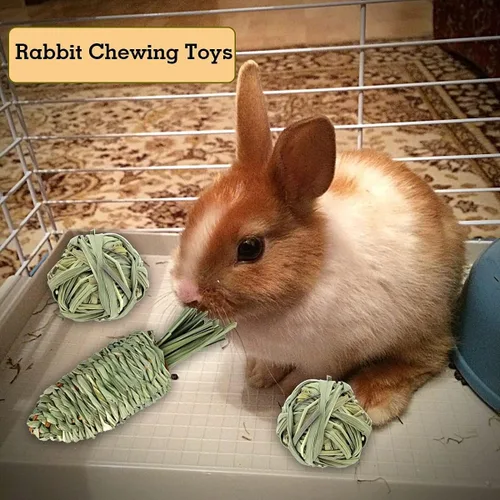 Vista 2 de Paquete de 13 juguetes para masticar conejo para animales pequeños – Conejito natural bolas de actividad de heno conejo, palitos de manzana, dulce