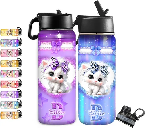 Vista 11 de InterestPrint Botella de agua personalizada para niños de 18 onzas con tapa de pajilla, botella de agua aislada de doble pared de acero inoxidable