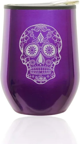 Vista 2 de Vaso de vino sin tallo, taza de viaje de café con tapa, calavera de caramelo de azúcar (oro rosa)