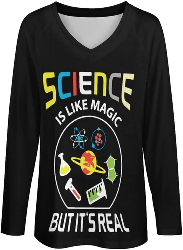 Vista 4 de Science Like Magic - Camisetas de manga larga para mujer, cuello en V, estampadas, blusas gráficas