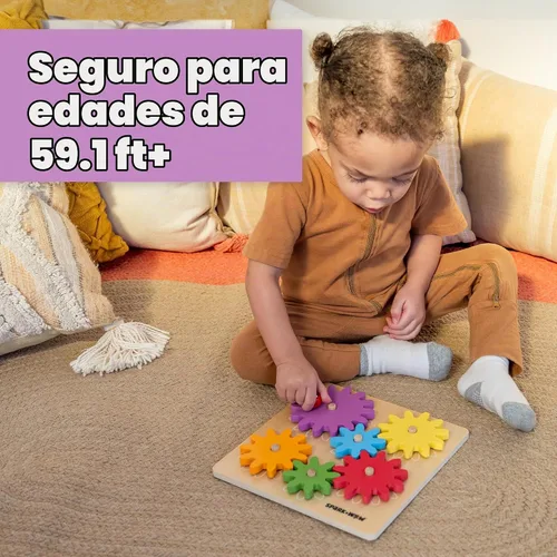 Vista 2 de Spark & Wow Spinny Gears - Tabla de engranajes de madera con 6 piezas en 3 tamaños Juguetes de causa y efecto Crea combinaciones coloridas