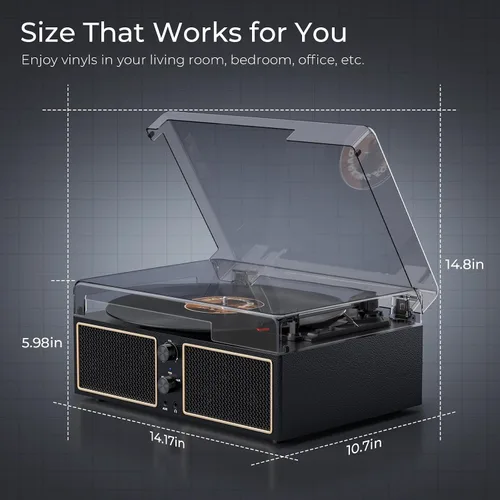 Vista 6 de Tocadiscos de vinilo Bluetooth, reproductor LP de 3 velocidades con altavoces, reproductor de discos retro para discos de vinilo, salida RCA AUX