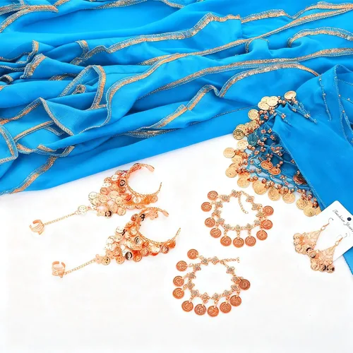 Vista 38 de Haysandy Conjunto de 8 piezas de danza del vientre para mujer, falda de danza del vientre, bufanda de cadera, 2 pulseras, aretes, pulsera de tobillo