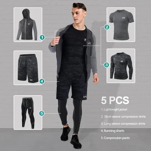 Vista 2 de MEETYOO mens 5pcs Men's Compression Sets Pants Long Sleeve Shirt Athletic Shorts Running Jacket