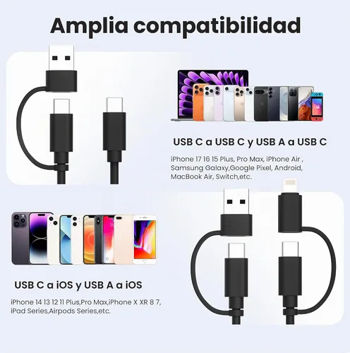 Vista 7 de Elebase Cable de carga 4 en 1 de 3.3 pies, cable de carga múltiple, cable de carga múltiple para iPhone con adaptador USB/Lightning para Apple 17 16