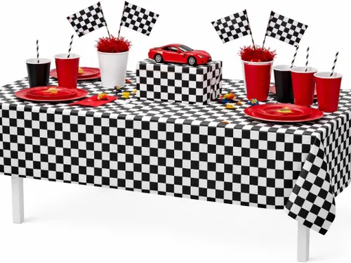 Vista 2 de Mantel desechable para fiestas con motivo de bandera de meta de carreras de automovilismo, a cuadros negros y blancos, de GIFTEXPRESS® (paquete de 2)